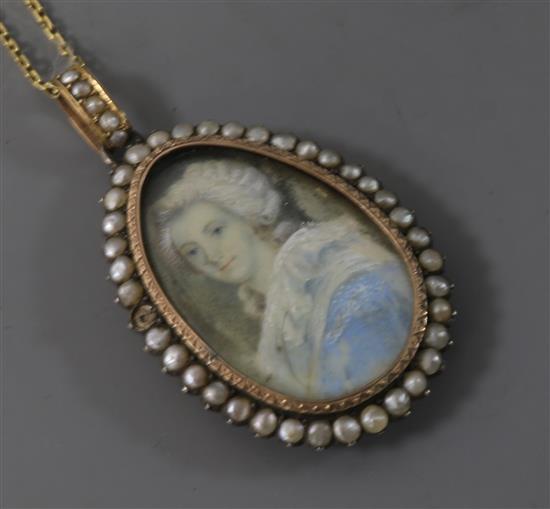 A Regency yellow and white metal and split pearl portrait miniature mourning pendant, on an 18ct gold chain, pendant 50mm.